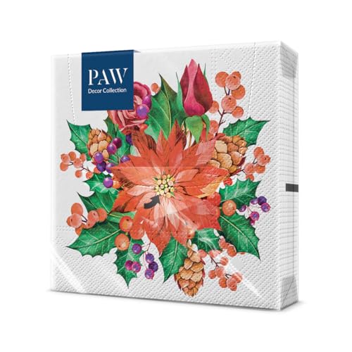 PAW - Servietten 3-lagig (33 x 33 cm) I 20 Stück I Papierservietten Bunt Perfekt für den Weihnachtstisch I Servietten - Weihnachten, Winter, Schnee I Poinsettia With Cones von PAW Decor Collection