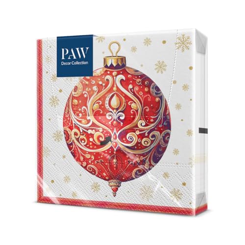 PAW - Servietten 3-lagig (33 x 33 cm) I 20 Stück I Papierservietten Bunt Perfekt für den Weihnachtstisch I Servietten - Weihnachten, Winter, Schnee I Red Bauble With Ornament von PAW Decor Collection