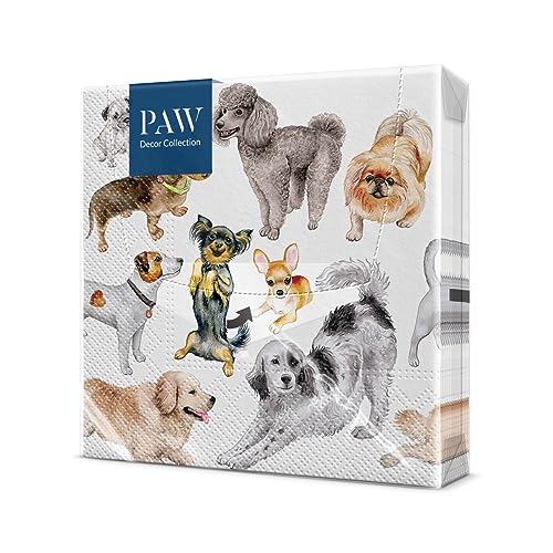 PAW - Servietten 3-lagig (33 x 33 cm) I 20 Stück I Perfekt für Kindergeburtstage, Partys, Kommunion und Feiern I Papierservietten Bunt mit Party Motiv I Hunde, Freude, Tiere - Dogs Happiness von PAW Decor Collection