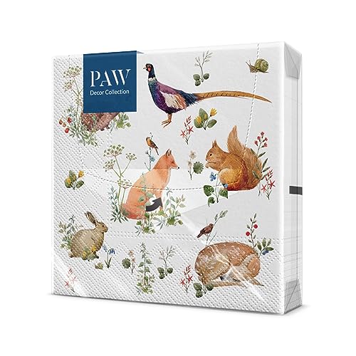 PAW - Servietten 3-lagig (33 x 33 cm) I 20 Stück I Perfekt für Kindergeburtstage, Partys, Kommunion und Feiern I Papierservietten Bunt mit Party Motiv I Tiere, Freude, Party - Wilde Waldtiere von PAW Decor Collection