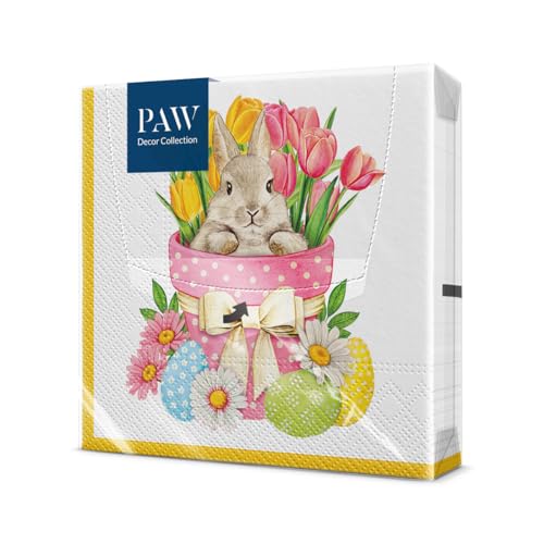 PAW - Servietten 3-lagig (33 x 33 cm) I 20 Stück I Perfekt für Ostern, Partys, Frühling und Feiern I Tischdeko Osterfeier Bunte Papierservietten - Osterhase Ostereier Tulpen I Flower Bunny von PAW Decor Collection