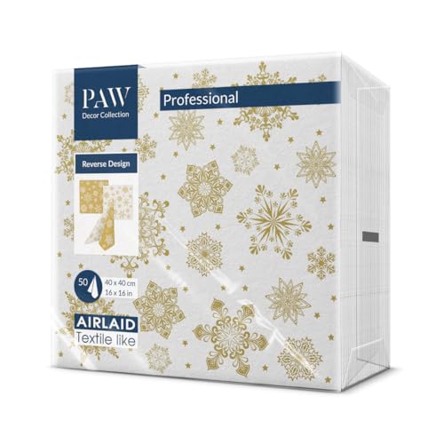 PAW - Servietten aus Airlaid - Stoffähnlich (40 x 40 cm) I 50 Stück I Perfekt für den Weihnachtstisch I Tischdeko Rückseite-Muster - Weiß-Gold I Reverse Royal Snowflakes Gold von PAW Decor Collection