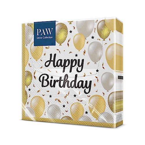 PAW - Servietten Geburtstag (33 x 33 cm) I 20 Stück I Perfekt für Partys, Geburtstage, Feiern I Papierservietten mit Ballonmotiv - Gold, Weiß I Tischdekoration I Farbe: Happy Birthday Ballons von PAW Decor Collection