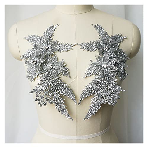 Spitzenapplikation Stickerei,Strassapplikation, 2 Stücke Strass Silber Pailletten Bestickte Spitze Applikation Nähen Blume Stoff Patch Hochzeitskleid Brautkleid Kleidung von PBDEIOEOE