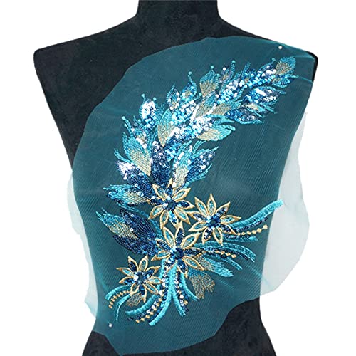 Spitzenapplikation Stickerei,Strassapplikation, 40 cm Pailletten Feder Schwanz Blumen Spitzenbesatz Mesh Aufnäher Stickerei for Hochzeitsapplikationen Dekoration(Light Blue) von PBDEIOEOE