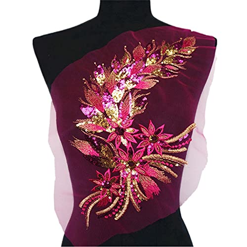 Spitzenapplikation Stickerei,Strassapplikation, 40 cm Pailletten Feder Schwanz Blumen Spitzenbesatz Mesh Aufnäher Stickerei for Hochzeitsapplikationen Dekoration(Rose Red) von PBDEIOEOE