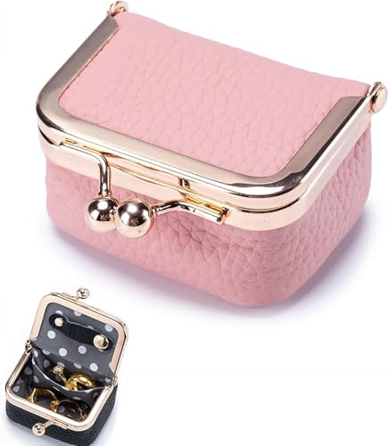 Mini-Schmuckschatulle aus echtem Leder – tragbare Vintage-inspirierte Münzgeldbörse aus echtem Leder mit Kussschloss, Mini-Schmuck-Organizer für Damen (Rosa) von PBFELY