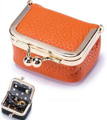 PBFELY Mini-Schmuckschatulle aus echtem Leder – tragbare Vintage-inspirierte Münzgeldbörse aus echtem Leder mit Kussschloss, Mini-Schmuck-Organizer für Damen (Orange) von PBFELY