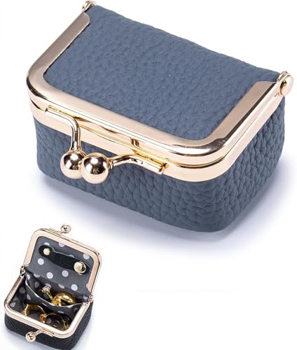 PBFELY Mini-Schmuckschatulle aus echtem Leder – tragbare Vintage-inspirierte Münzgeldbörse aus echtem Leder mit Kussschloss, Mini-Schmuck-Organizer für Damen (blau) von PBFELY