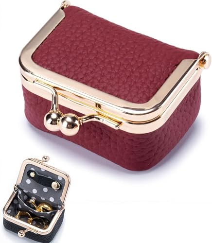 PBFELY Mini-Schmuckschatulle aus echtem Leder – tragbare Vintage-inspirierte Münzgeldbörse aus echtem Leder mit Kussschloss, Mini-Schmuck-Organizer für Damen (rot) von PBFELY