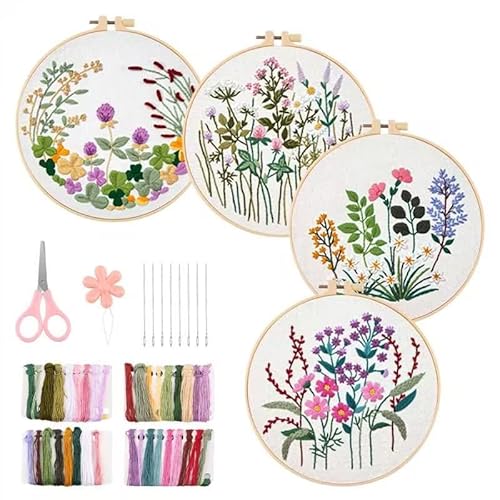 PBUSPU 4 Sets Embroidery kit, Handstickerei-Kits für Erwachsene mit Reifen,Blumenmuster-Pflanzen Stickerei set 1 Stück Bambus Stickrahmen, Anleitung und Werkzeuge, Kreuzstich Set für DIY Kunst von PBUSPU