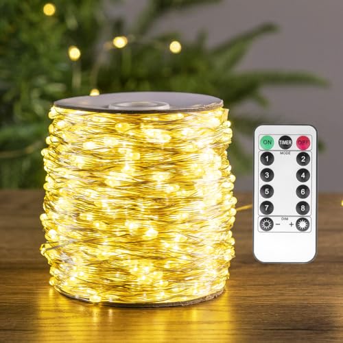 PCORES Lichterkette, 100 m, 1000 LEDs, warmweiß, silberfarben, mit Fernbedienung – Beleuchtung in Serien innen/außen für Schlafzimmer, Wohnzimmer, Terrasse, Veranda, Garten, Weihnachtsbaum von PCORES