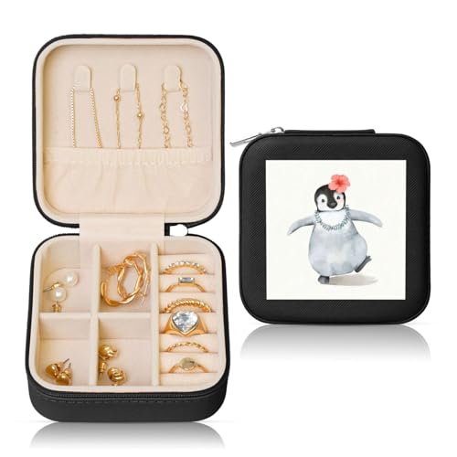 PCYVSZYD Kleine Schmuckschatulle mit Pinguine mit Blumen, tragbarer Reise-Schmuck-Organizer, Leder, Mini-Reise-Schmuckschatulle für Frauen und Mädchen von PCYVSZYD