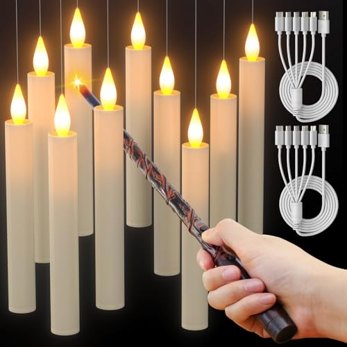 PChero Aufladbare Schwebende Kerzen mit Zauberstab, 10er Set Elektrische LED Kerzen mit Fernbedienung und Timerfunktion Flackernde Stabkerzen für Halloween Weihnachten Party Deko von PChero