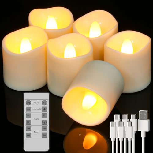 PChero Aufladbare Teelichter mit Fernbedienung und Timer, 6er Set Elektrische LED Teelichter Wiederaufladbar Kerzen Flackernd mit Timerfunktion für Halloween Silvester Zimmer Deko Weihnachten von PChero