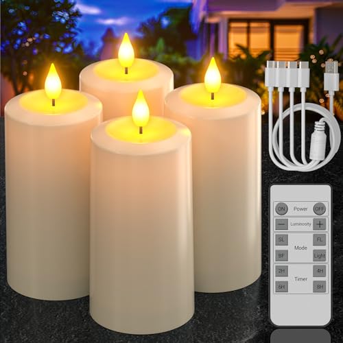 PChero LED Kerzen 4er set mit Fernbedienung, Elektrische LED Kerzen Aufladbar mit Timerfunktion Flackernd Wasserdicht für Halloween Zimmer Outdoor Garten Deko Weihnachten Innen (7cm × 13cm) von PChero