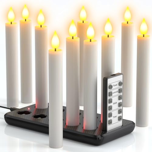 PChero LED Kerzen Aufladbar mit Ladestation und Fernbedienung, 10er Set Elektrische LED Wiederaufladbare Kerzen Flackernd Stabkerzen mit Timerfunktion für Halloween Weihnachten Party Zimmer Tisch Deko von PChero