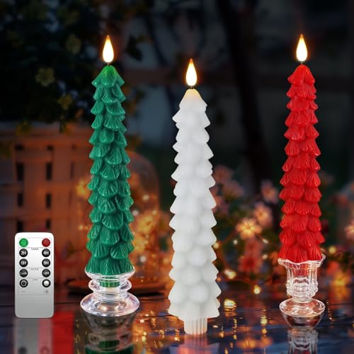 PChero LED Kerzen Weihnachtsbaum mit Fernbedienung, 3er Set Elektrische Echtwachs LED Kerzen Rot Flackernd Weiß Stabkerzen mit Timerfunktion für Weihnachten Party Zimmer Kamin Deko von PChero