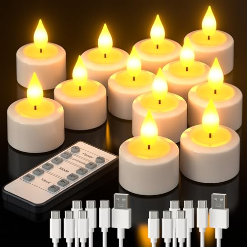 PChero LED Teelichter Wiederaufladbar mit Timer Fernbedienung, 12er Set Elektrische Flammenlose LED Kerzen Aufladbar mit Timerfunktion Flackernde für Halloween Silvester Saisonale Deko Weihnachten von PChero