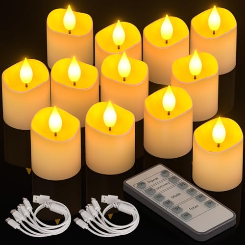 PChero LED Teelichter Wiederaufladbar mit Timer Fernbedienung, 12er Set LED Elektrische Kerzen Aufladbar Flackernd mit Batterie und Timerfunktion für Halloween Zimmer Silvester Kürbis Deko Weihnachten von PChero