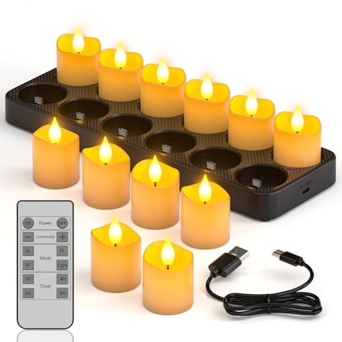 PChero 12er Set LED Teelichter Wiederaufladbar mit Fernbedienung Timer, Elektrische Kerzen Aufladbar Flackernd mit Timerfunktion und Ladestation für Halloween, Weihnachten, Zimmer und Party Deko von PChero