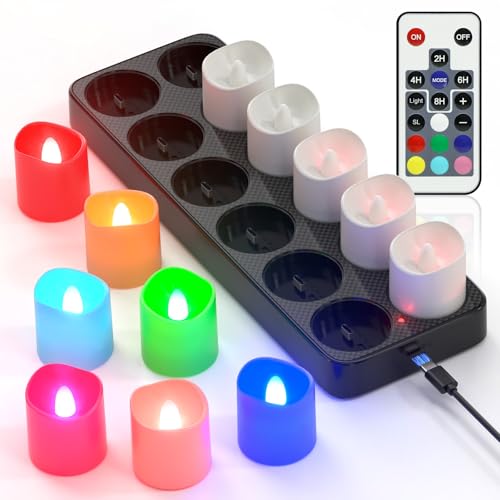 PChero LED Teelichter Wiederaufladbar mit Timer Fernbedienung, 12er Set RGB LED Elektrische Bunte Kerzen Aufladbar Flackernd mit Timerfunktion und Ladestation für Halloween Zimmer Deko Weihnachten von PChero