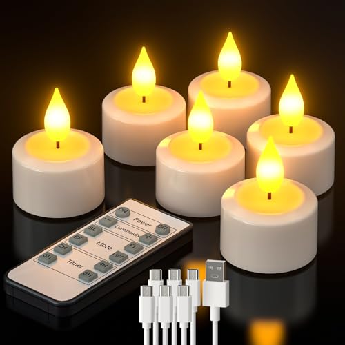 PChero LED Teelichter Wiederaufladbar mit Timer Fernbedienung, 6er Set Elektrische Flammenlose LED Kerzen Aufladbar mit Timerfunktion Flackernde für Halloween Silvester Saisonale Deko Weihnachten von PChero