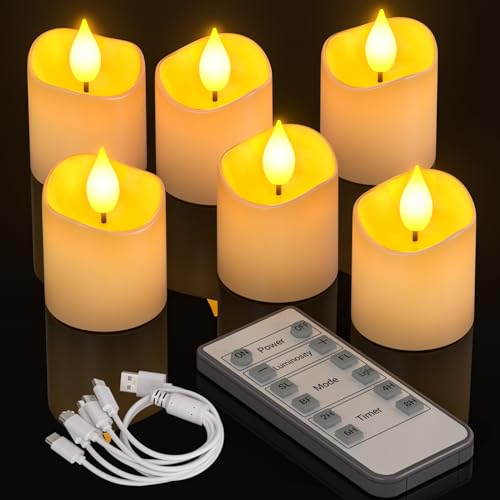 PChero LED Teelichter Wiederaufladbar mit Timer Fernbedienung, 6er Set LED Elektrische Kerzen Aufladbar Flackernd mit Batterie und Timerfunktion für Halloween Zimmer Silvester Kürbis Deko Weihnachten von PChero