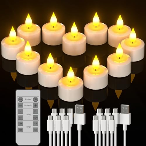 PChero LED Teelichter Wiederaufladbar mit Timer und Fernbedienung, 12er Set LED Elektrische Kerzen Aufladbar Flackernd mit Timerfunktion für Halloween Zimmer Silvester Kürbis Deko Weihnachten von PChero