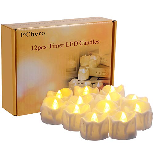 PChero LED Teelichter mit 6 Stunden Timer, 12er Set Elektrische Flammenlose LED Kerzen Flackernde Flamme mit Batterie und Timerfunktion für Halloween Party Zimmer Silvester Kürbis Deko Weihnachten von PChero