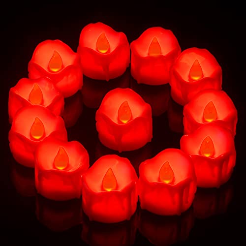 PChero LED Teelichter mit 6 Stunden Timer, 12er Set Elektrische Flammenlose LED Rote Kerzen Flackernde Flamme mit Batterie und Timerfunktion für Halloween Party Silvester Kürbis Deko Weihnachten von PChero