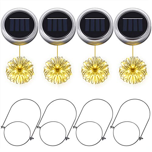 Solar-Einmachglas-Lichter, PChero 4pcs Einmachglas-Deckel 20 LED-Schnur-feenhafte Licht-Dekoration für Garten, Patio, Weihnachten, Halloween [warmes Weiß] von PChero