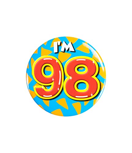 PD-Party 6014798 Birthday Badge | Geburtstag Metall Abzeichen | Partei Feier Knöpfe - I'm 98, Mehrfarbig, 5.5cm Länge x 5.5cm Breite x 0.5cm Höhe von PD-Party