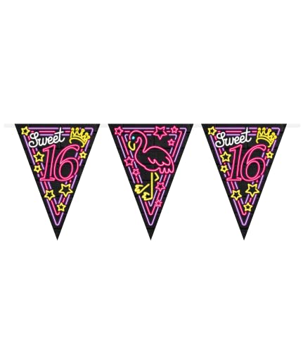 PD-Party 7012915 Neon Party Flaggen Dekoration - Sweet 16, Mehrfarbig, Festlich, Partei Zeit, Neon, Bunting, 1000cm Länge X 30cm Breite X 0.1cm Höhe von PD-Party