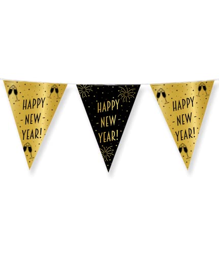 PD-Party 7031102 Classy Party Bunting | Vereiteln Wimpelkette, Doppelseitig, Dreieckig, Partei Dekoration Flaggen - Happy New Year, Gold/Schwarz, 1000cm Länge X 30cm Breite X 0.1cm Höhe von PD-Party