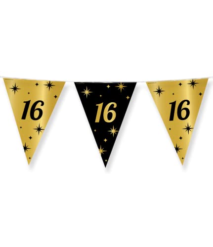 PD-Party - Geburtstag Girlande für 16. Geburtstag - Wimpelkette - Deko Geburtstag - Jubiläum - Schwarz Gold Deko - Party Deko - 16. Geburtstag Junge & Mädchen - Geburtstags Deko - 1000 x 30 cm von PD-Party