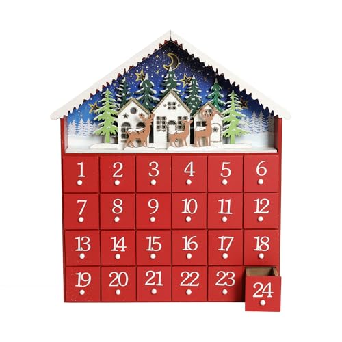 PE Handgefertigter Holz Adventskalender Haus mit 24 Schubladen - Beleuchteter Weihnachtskalender mit Rentieren und Dorf Szene - Weihnachtsdeko zum Befüllen für Kinder und Erwachsene 35x6,3x29cm von PE