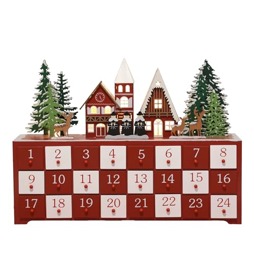 PE Handgefertigter Holz Adventskalender mit 24 Schubladen - Beleuchteter Weihnachtskalender mit Dorf Szene - Weihnachtsdeko zum Befüllen - Perfekt für Kinder & Erwachsene 37,5 x 8 x 27,3 cm von PE