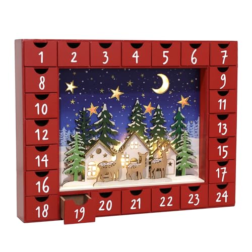 PE Handgefertigter Holz Adventskalender mit 24 Schubladen - Beleuchteter Weihnachtskalender mit Dorf Szene und Rentier - Weihnachtsdeko zum Befüllen für Kinder und Erwachsene 35,5 x 5 x 27,2 cm von PE