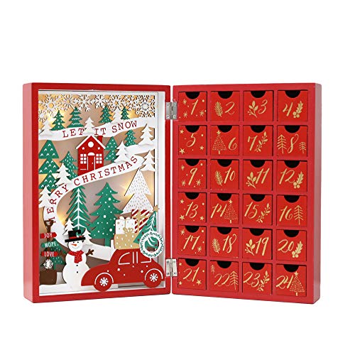 PE Weihnachten Adventskalender Holz mit 24 Schubladen -Beleuchteter Weihnachtskalender mit Dorf Szene - Weihnachtsdeko zum Befüllen-Perfekt Weihnachtsgeschenke für Kinder & Erwachsene (Rot) von PE