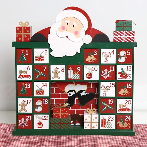 PE Weihnachten Adventskalender Holz zum Befüllen Groß mit 24 Schubladen - Handgefertigter Weihnachtskalender mit Santa - Weihnachtsdeko Perfekt für Kinder und Erwachsene, 39,3 x 6,5 x 41,1 cm von PE