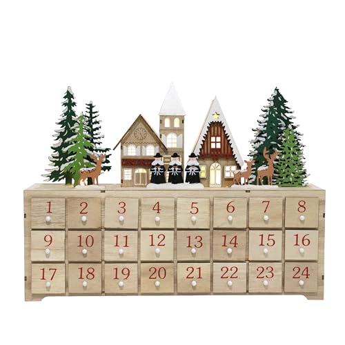 PE Weihnachten Adventskalender zum Befüllen Holz mit LED und 24 Schubladen - Weihnachtskalender mit Dorf Szene und Rentier - Handgefertigter Weihnachtsdeko für Kinder und Erwachsene 37,5x8x27cm von PE