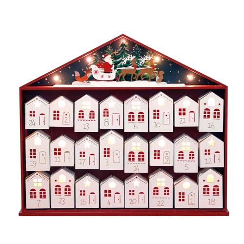 PE Weihnachten Holz Adventskalender Haus Groß mit LEDs und 24 Schubladen - Weihnachtskalender mit Santa und Rentieren - Weihnachtsdeko zum Befüllen für Kinder und Erwachsene 44,2 x 6,6 x 39,2cm von PE