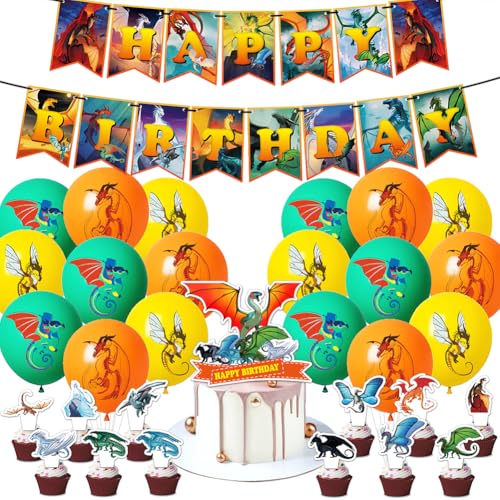 PEAJPBS Dragon Geburtstag Deko Set: 32 PCS, Mehrfarbig, Partyzubehör, Ballon, Drachen Motto Party, Kinder und Erwachsene, Unisex, Geburtstag von PEAJPBS