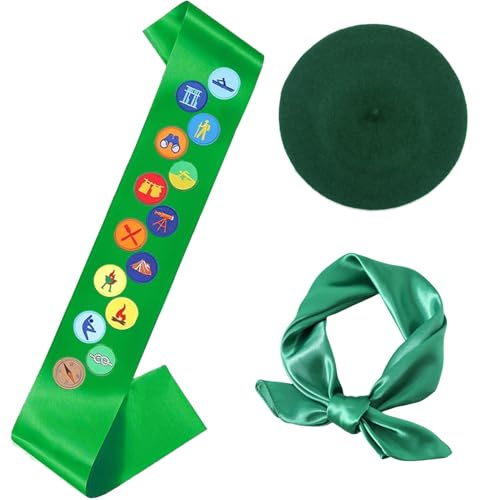 PEARLUTO Pfadfinder-Rollenspiel-Set, Pfadfinder Schärpe Satz, Pfadfinder Kostüm, Pfadfinder Abzeichen Button, Bestickter Aufnäher Mit Satin-Schärpe, Party-Dekorationen, Diy-Zubehör (Grün) von PEARLUTO