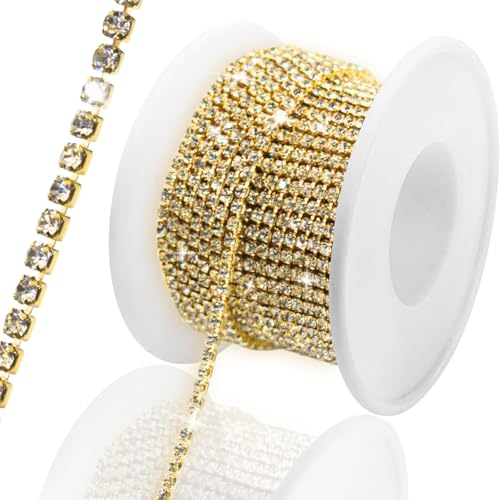 PEARLY JUN 1 Roll 10 Yards Gold Rhinestone Trim Chain Crystal Artificial Stone Trim Cup Chain SS6 2mm Color Plated Cup Stitch Costume Decoration von PEARLY JUN