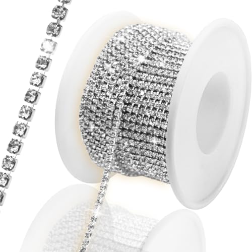 PEARLY JUN 1 Roll 10 Yards Rhinestone Trim Chain Silver White Crystal Artificial Stone Trim Cup Chain SS6 2mm Color Plated Cup Stitch Costume Decoration von PEARLY JUN