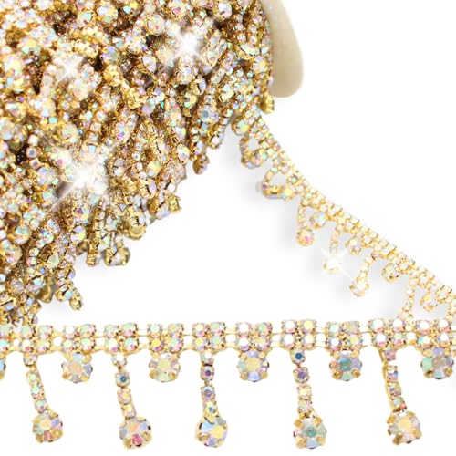 PEARLY JUN 4,5 m Strassbesatz Kristall Strass Kette AB Gold Fransen Nähen Kleid DIY Party Hochzeit Blumenstrauß für Dekoration Brautkostüm Verzierung Kleidung Zubehör von PEARLY JUN