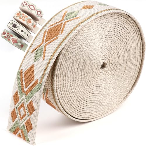 PECMER Gurtband, 3,8 cm, Beige, Boho-Stil, Poly-Gurtband, geometrische Muster, Nylon-Gurtband für Gürtel, 3,8 cm Gurtband für Handwerk, Haustierhalsbänder, Leine, Zelttasche von PECMER