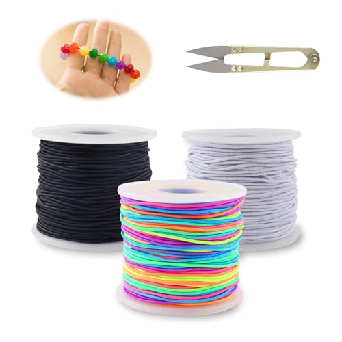 3 Rollen Gummiband für Armbänder, Gummischnur 1mm x 150 m, Perlenschnur mit Schere, Gemischte Stretch-Armband-Schnüre, Gummikordel für Pony Perlen, Elastische Faden für DIY Schmuckherstellung von PEGRAUFC